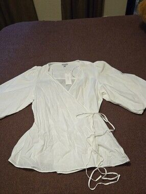 Refinity Top Serene Ivory Cotton Linen Puff-sleeve Wrap Design Size Med/18